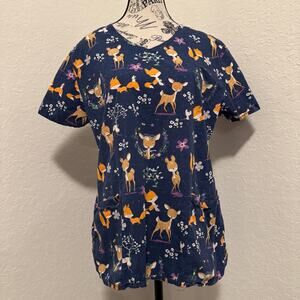 Zoe+Chloe Novelty Print Scrub Top Size Medium Deer Cartoon Spring Fun Pediatrics